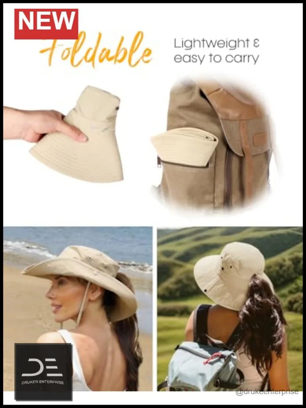 Nylon Sun Hat with Ponytail Hole Wide Brim Packable Cowboy Bucket Hat
